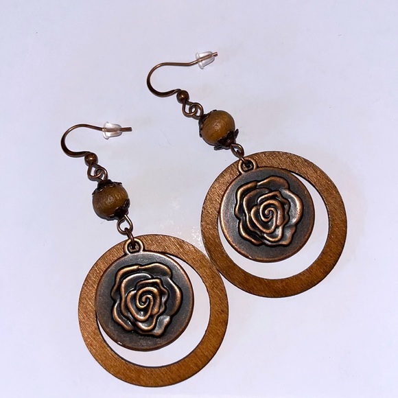 New! Boho Round Wood Bead with Rose Drop Earrings - Picture 2 of 3